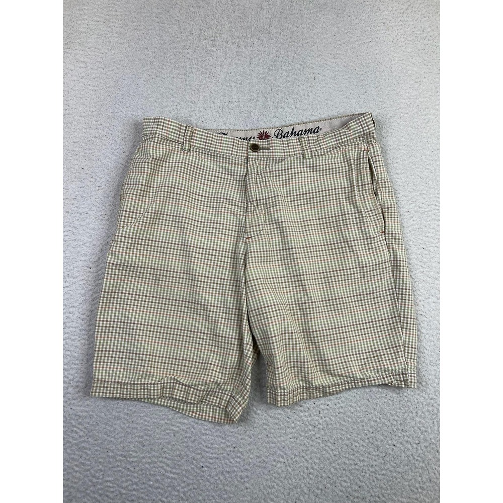 Tommy Bahama Shorts Mens 33 Tan Green Plaid Flat Front Casual Chino Check Marlin